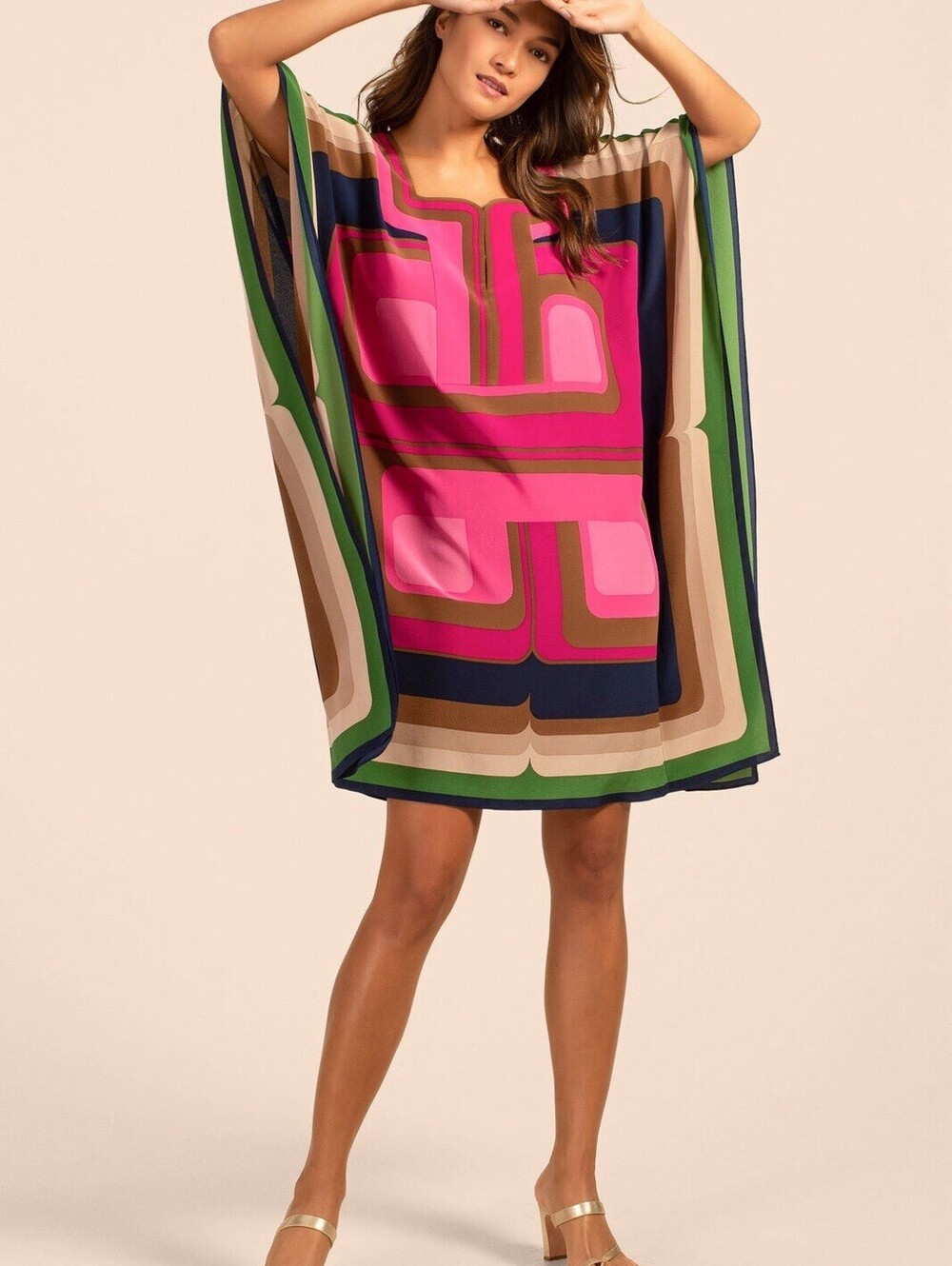 Trina Turk Theodora Abstract Print 100% Silk Kaftan Caftan Mini Square Neck M/L